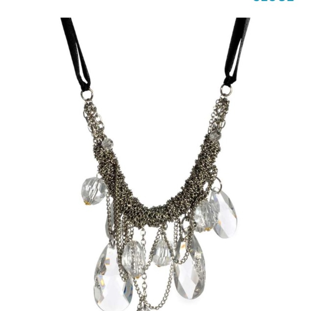 Clear silver necklace with black ribbon